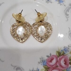 Gold Heart Pearl Earrings